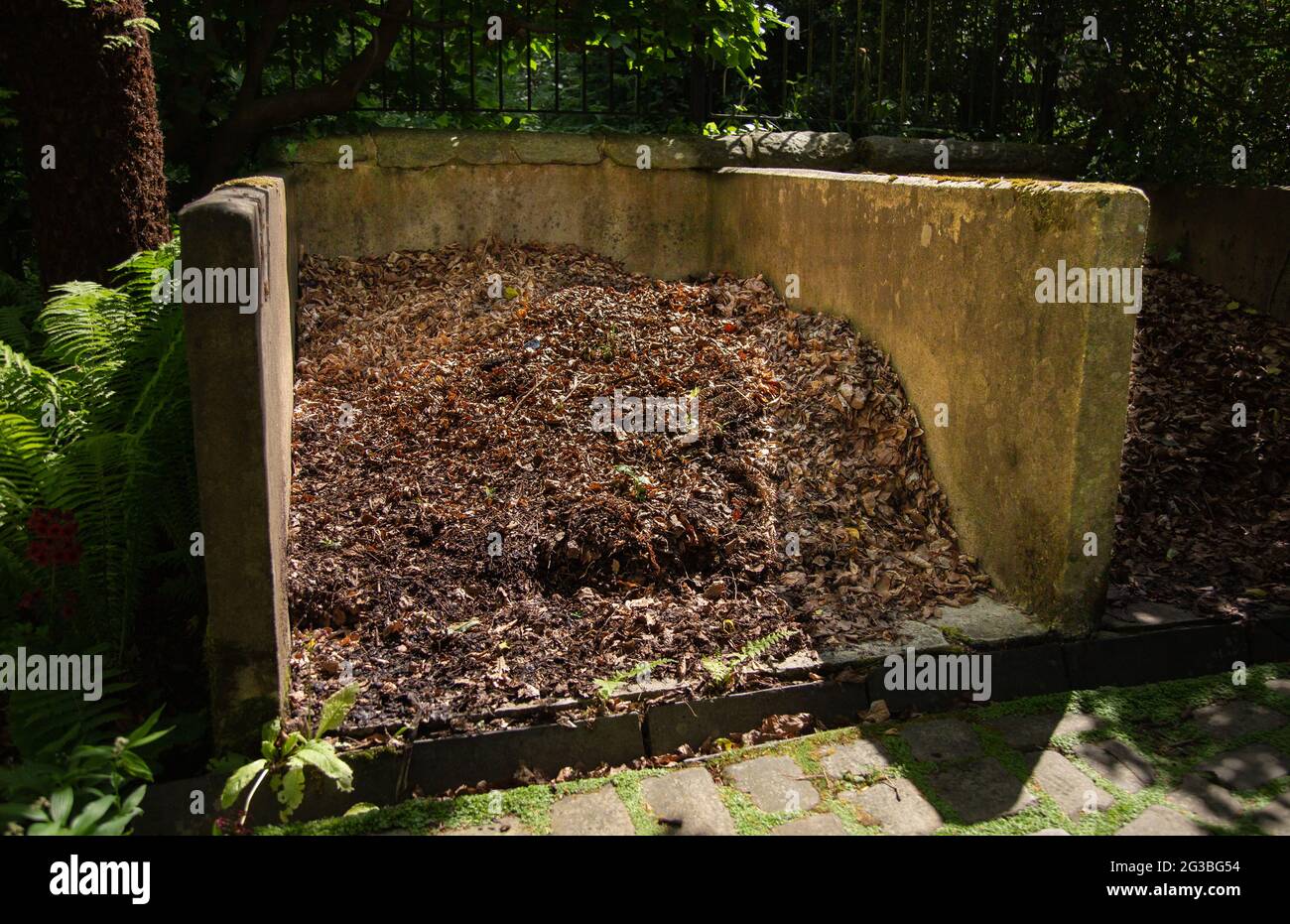 Gefallene Blätter stapelten sich bereit, um im York Gate Garden, Leeds, Blattsompost zu machen. Stockfoto