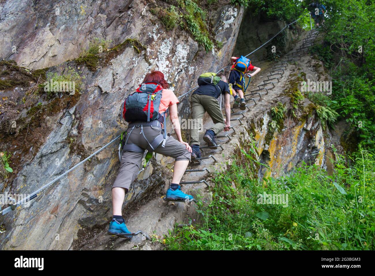 Familienklettersteig Wandern am Mittelrhein Klettersteig in Boppard, Deutschland Stockfoto