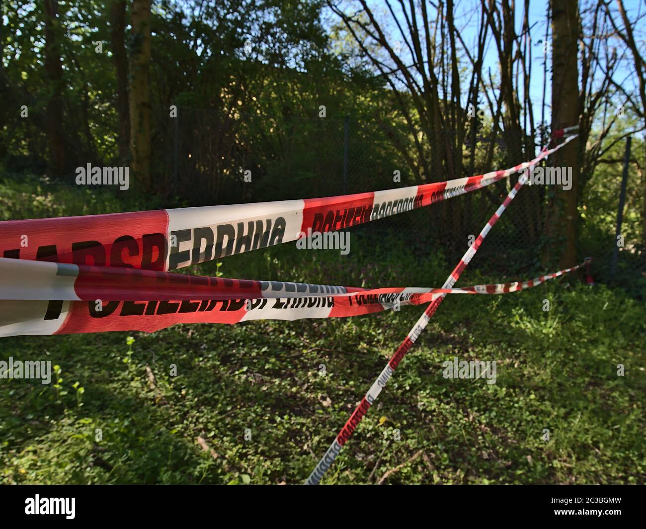 Nahaufnahme eines Polizeisperrbandes mit roten und weißen Streifen zwischen Baumstämmen im Parkgelände in Karlsruhe, Baden-Württemberg, Deutschland. Stockfoto