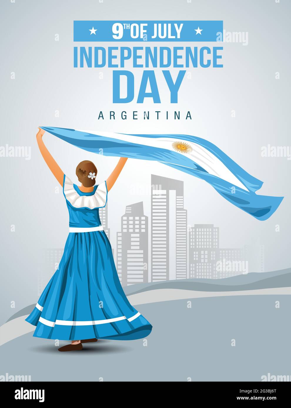 Happy Independence Day Argentinien 7. Juli, Mädchen hält mit Argentinien Flagge. vektor-Illustration. Grußkarte Design Stock Vektor