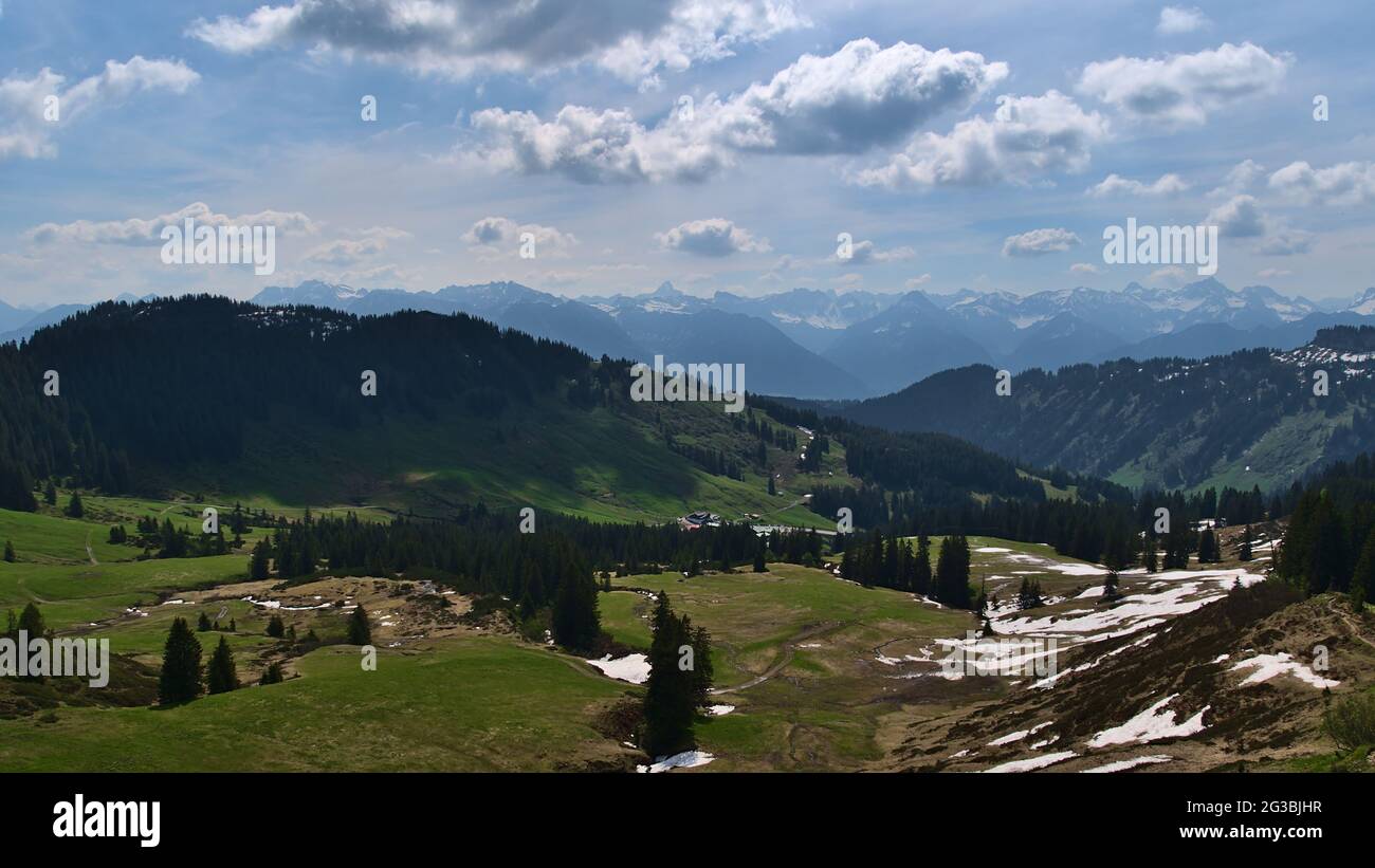 Schöner Panoramablick über Grasgehren in den Allgäuer Alpen bei Oberstdorf, Bayern, Deutschland vom Riedberger Horn aus gesehen an einem sonnigen Tag im Frühsommer. Stockfoto