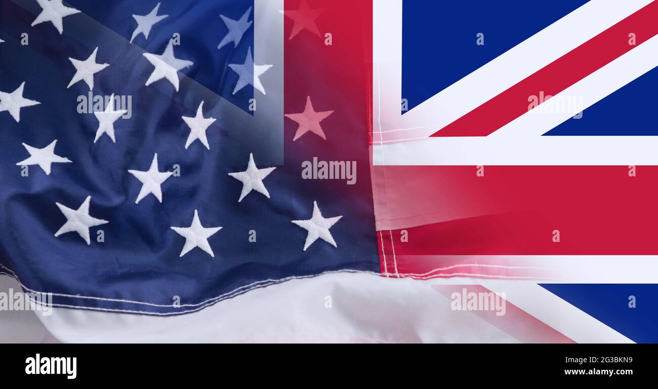 Zusammensetzung der Verschmelzung von britischen Gewerkschaftsjackern und  amerikanischen Stars und Stripes-Flaggen Stockfotografie - Alamy