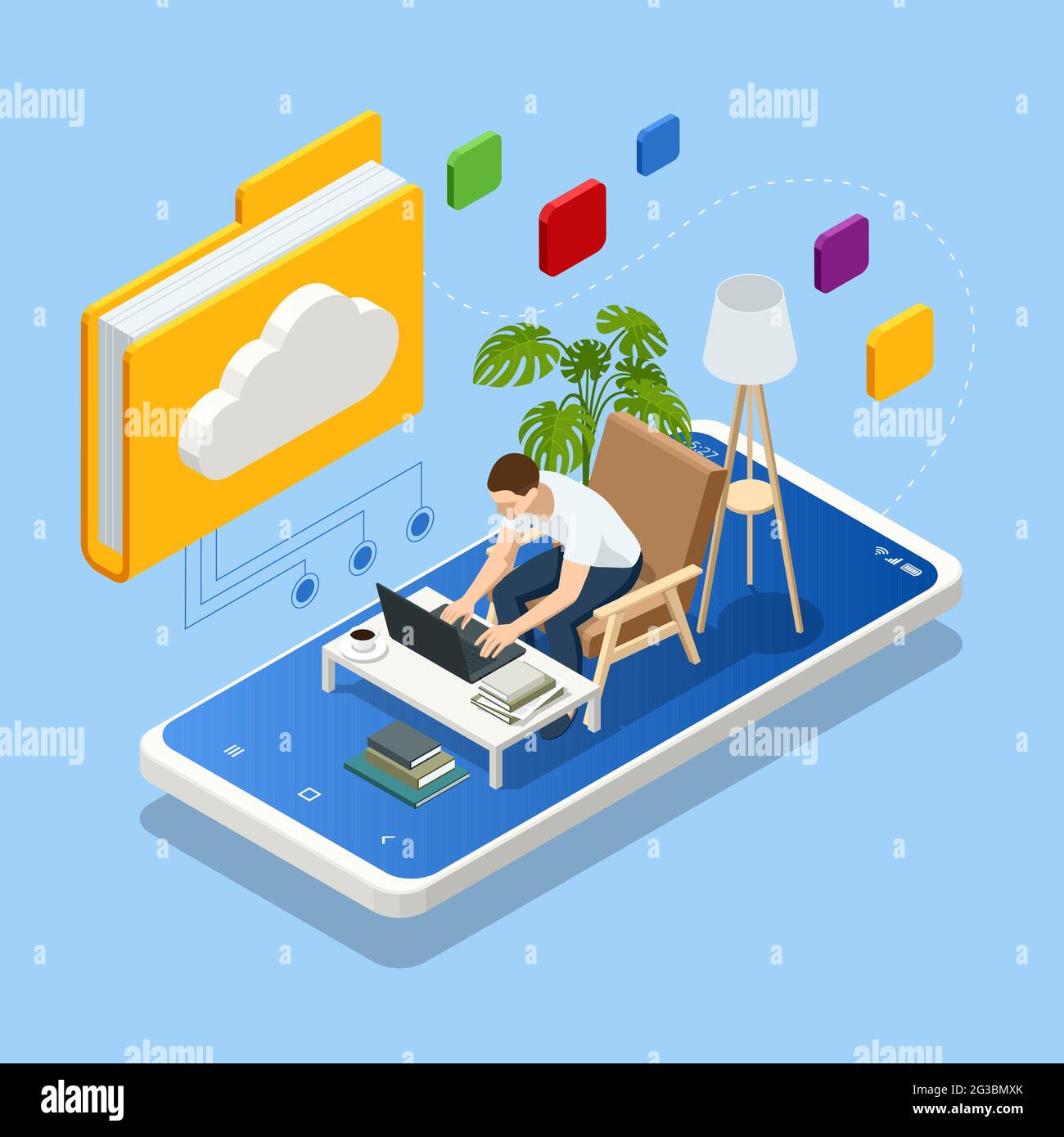 Isometrische Cloud-Technologie. Mann, Der Von Zu Hause Aus Arbeitet. Global Outsourcing, Mitarbeiter, die Cloud-System in der Fernarbeit und Datenspeicherung nutzen. Cloud-Verbindungen Stock Vektor