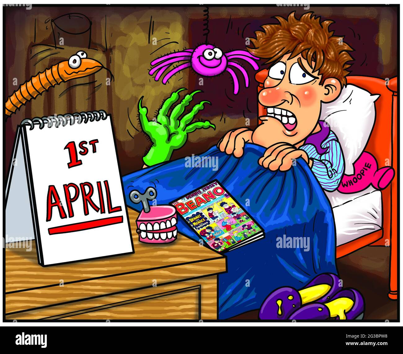 Kunstillustrationen Cartoon eines Jungen, der am 1. April aufwacht Narr's All Fool's Day, umgeben von praktischen Witzen Pharsaphobia ist die Angst vor Streiks Stockfoto