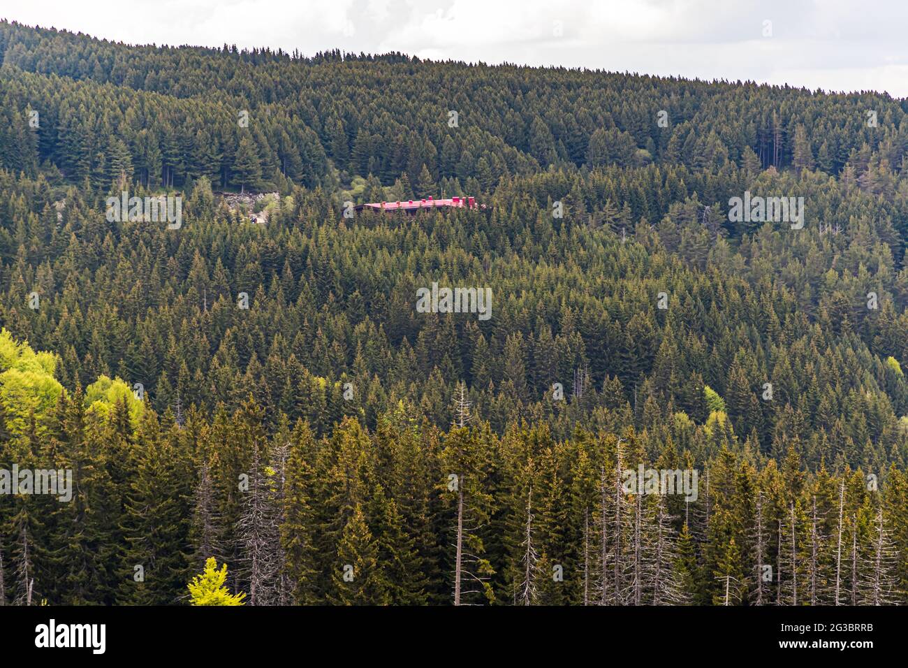 Nur das Dach des Hotels Moreni blickt aus den Bäumen in den Bergen über Sofia, Bulgarien Stockfoto