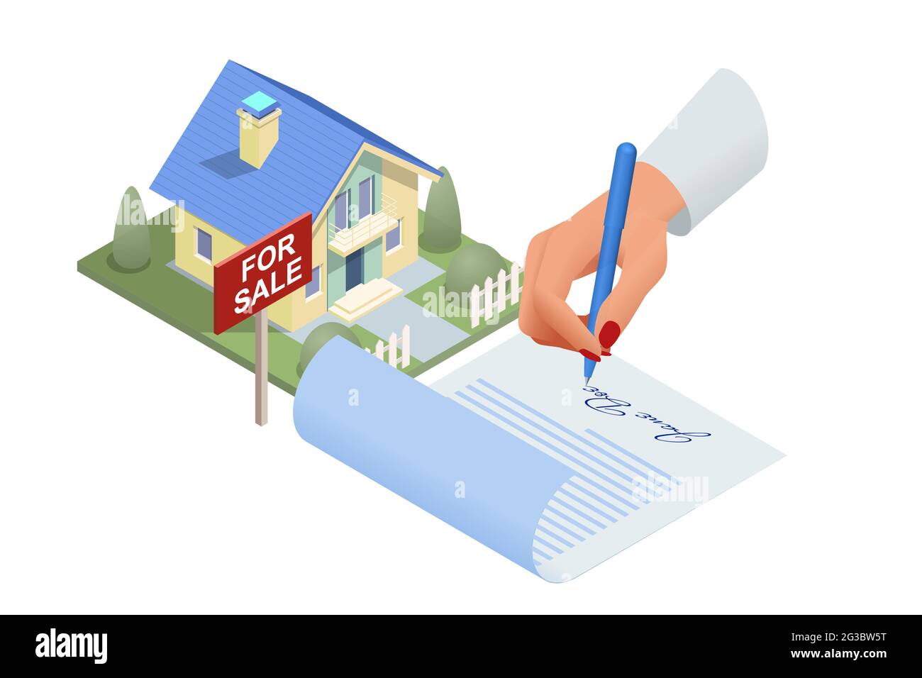 Isometrisch unterzeichneter Immobilienkauf- oder Mietvertrag. Käufer. Hypothek online, neue Haus kaufen online. Kauf, Verkauf oder Vermietung von Immobilien Stock Vektor