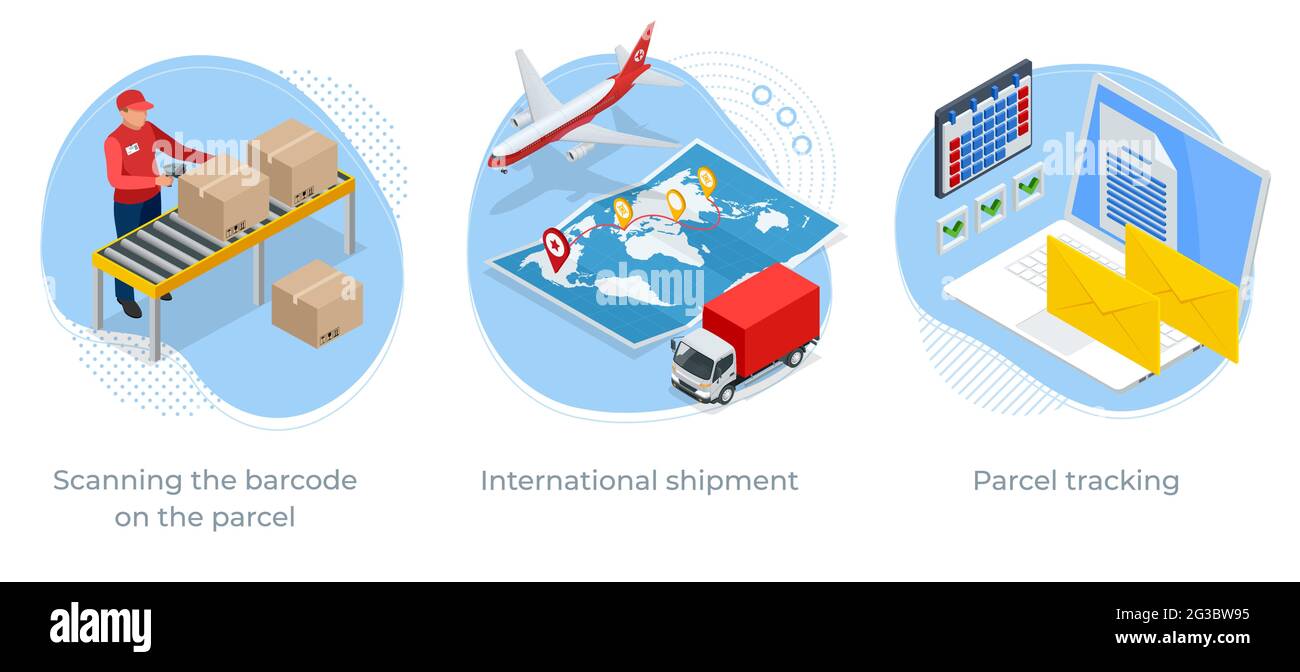 Isometrisches Konzept des Scannens des Barcodes auf dem Paket, internationaler Versand und Paketverfolgung. Nach dem Service. Stock Vektor
