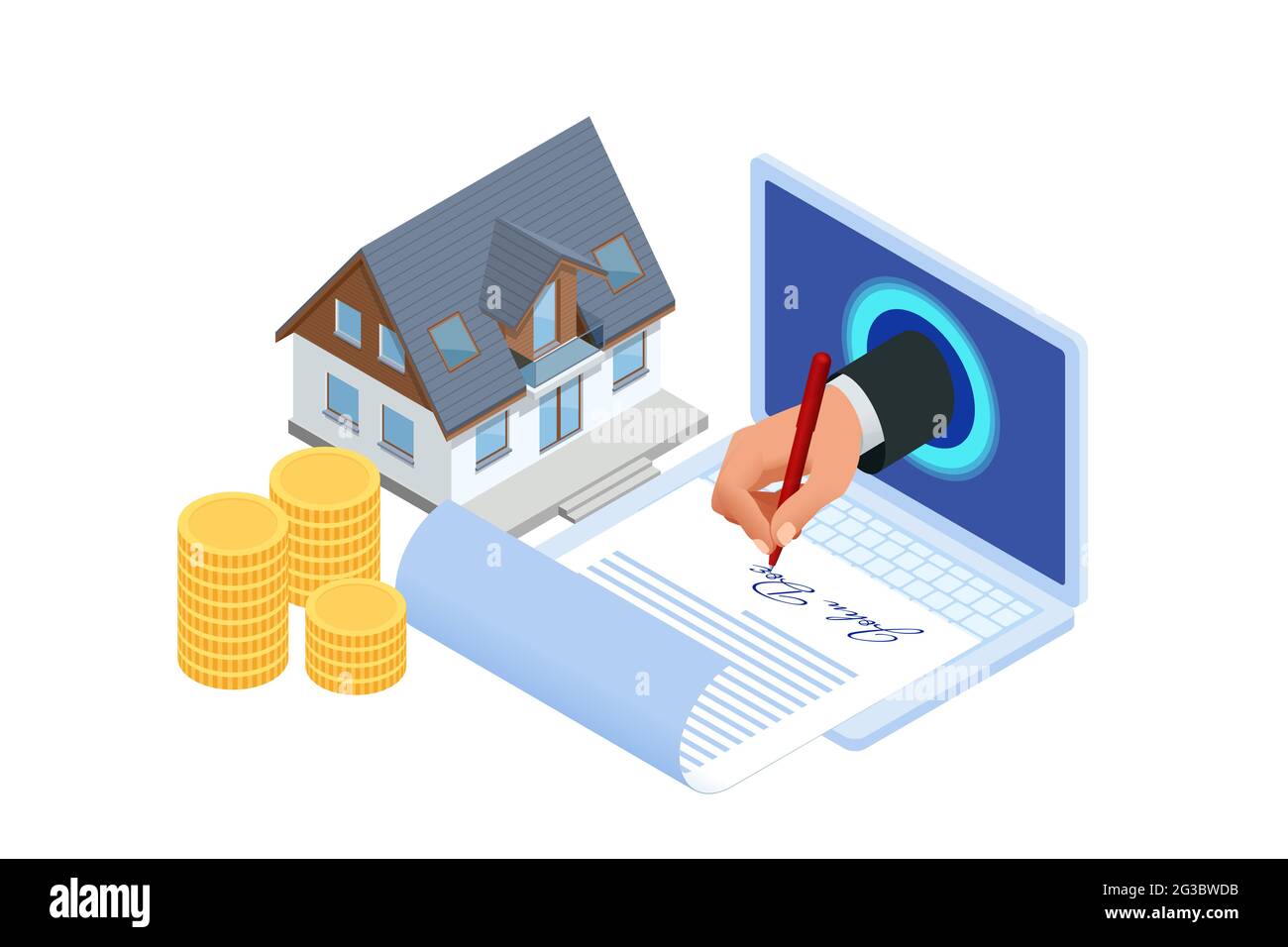 Isometrisch unterzeichneter Grundstückkaufvertrag, Käufer. Hypothek online, neue Haus kaufen online. Kauf, Verkauf oder Vermietung von Immobilien Stock Vektor
