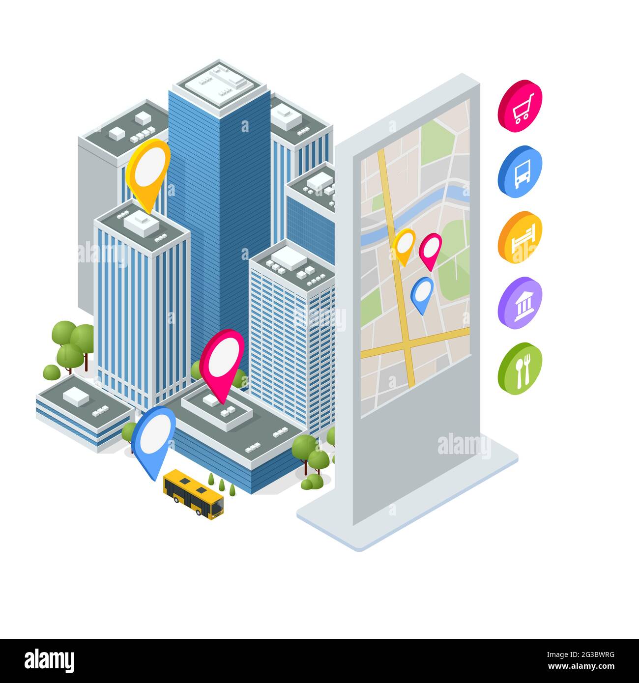 Isometrischer Interaktiver Informationsstand, Werbedisplay, Terminal-Ständer, Touchscreen-Display. Interaktiver Touchscreen mit Stadtplan Stock Vektor