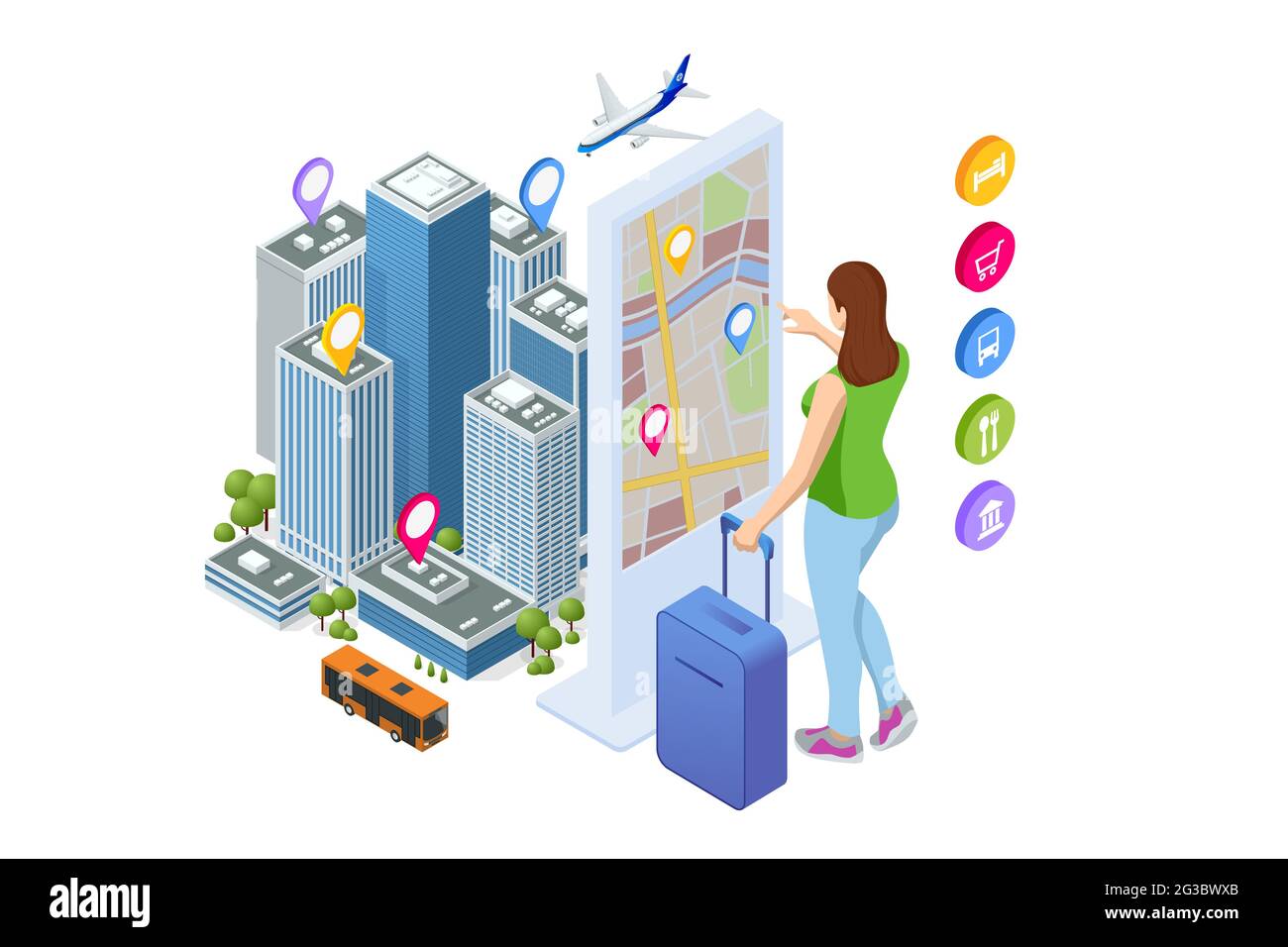 Smart City Exhibition. Frau mit interaktivem Touchscreen-Display und virtueller Karte. Isometrische Stadtkarte mit mobiler GPS-Navigationsanwendung Stock Vektor
