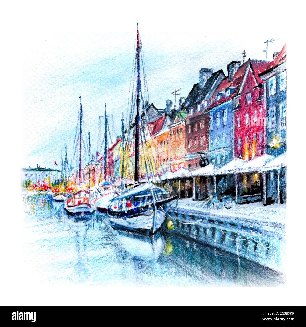 Aquarellstifte Skizze von Nyhavn mit bunten Fassaden alter Häuser und Schiffe in der Altstadt von Kopenhagen, der Hauptstadt Dänemarks. Stockfoto