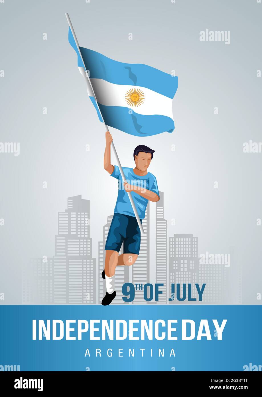 Happy Independence Day argentinien 9. juli. Vektor-Illustration des argentinischen Mannes mit Flagge. Poster, Banner, Vorlage Design Stock Vektor