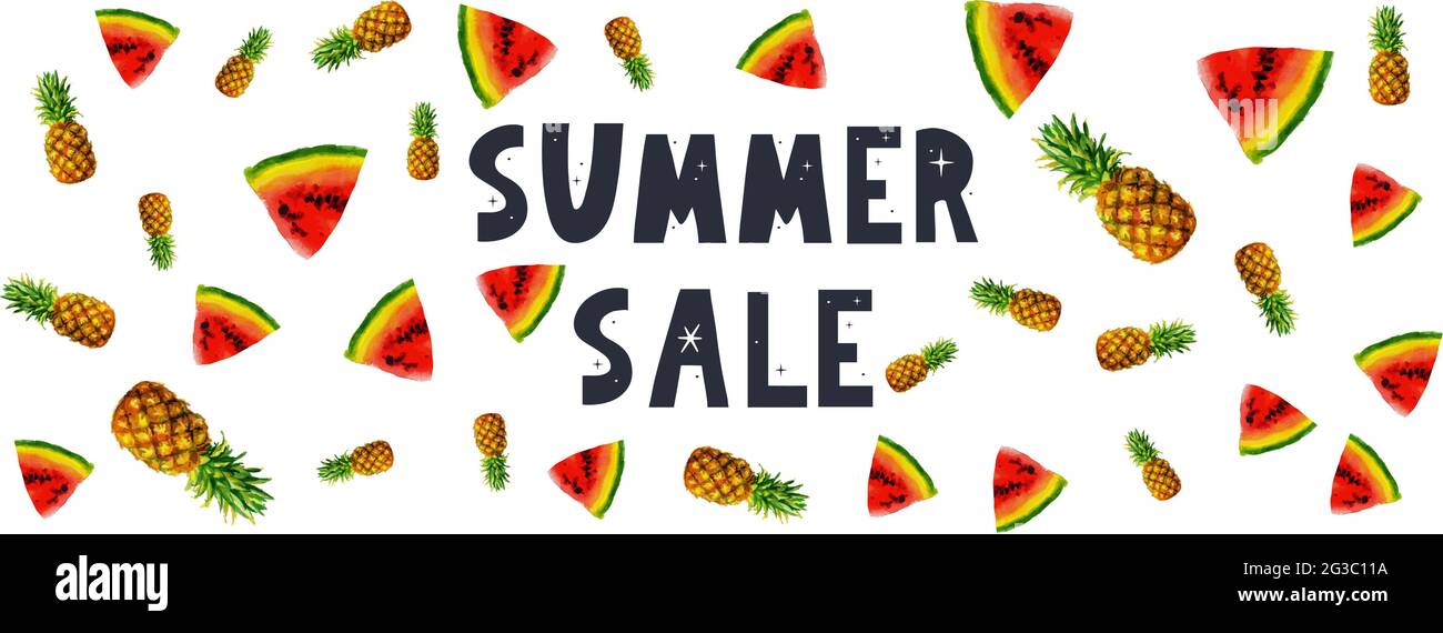 Sommer Verkauf Banner mit Früchten Wassermelone Ananas Brief Stock Vektor