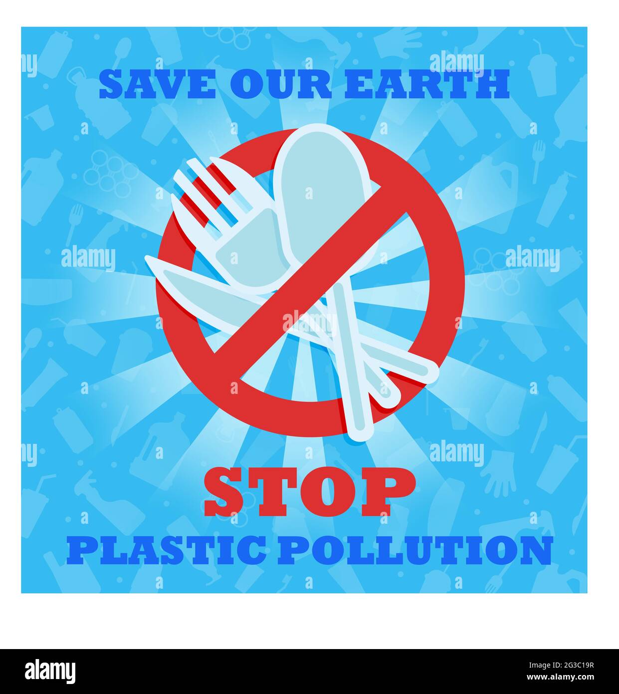 Stoppen Sie die Plastikverschmutzung. Rette unsere Erde. Banner mit rotem Verbotsschild, durchgestrichen mit Plastikutensilien. Löffel Gabelmesser aus Kunststoff. Umwelt Stock Vektor