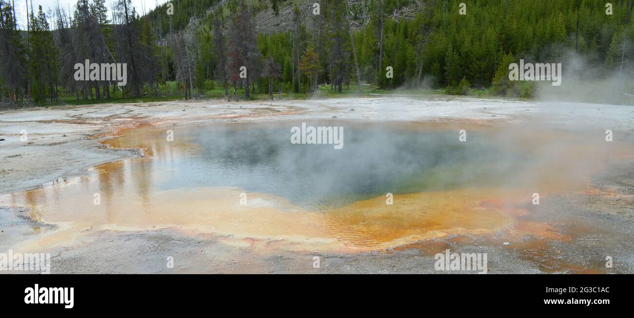 Spätfrühling im Yellowstone National Park: Emerald Pool der Emerald Group im Black Sand Basin Gebiet des Upper Geyser Basin Stockfoto