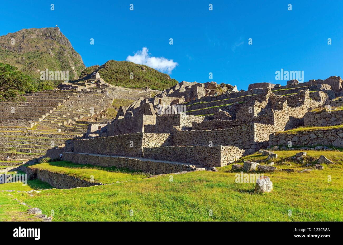Machu Picchu Stadtgebiet mit Steinhäusern, Machu Picchu historisches Heiligtum, Cusco, Peru. Stockfoto