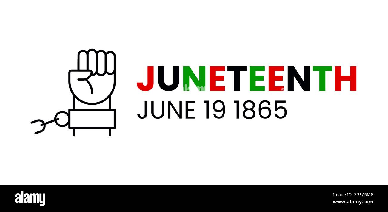 Juneteenth Freedom Day. 19. Juni 1865. Geballte Faust in der Luft mit gebrochenen Ketten. Vektordarstellung isoliert Stock Vektor