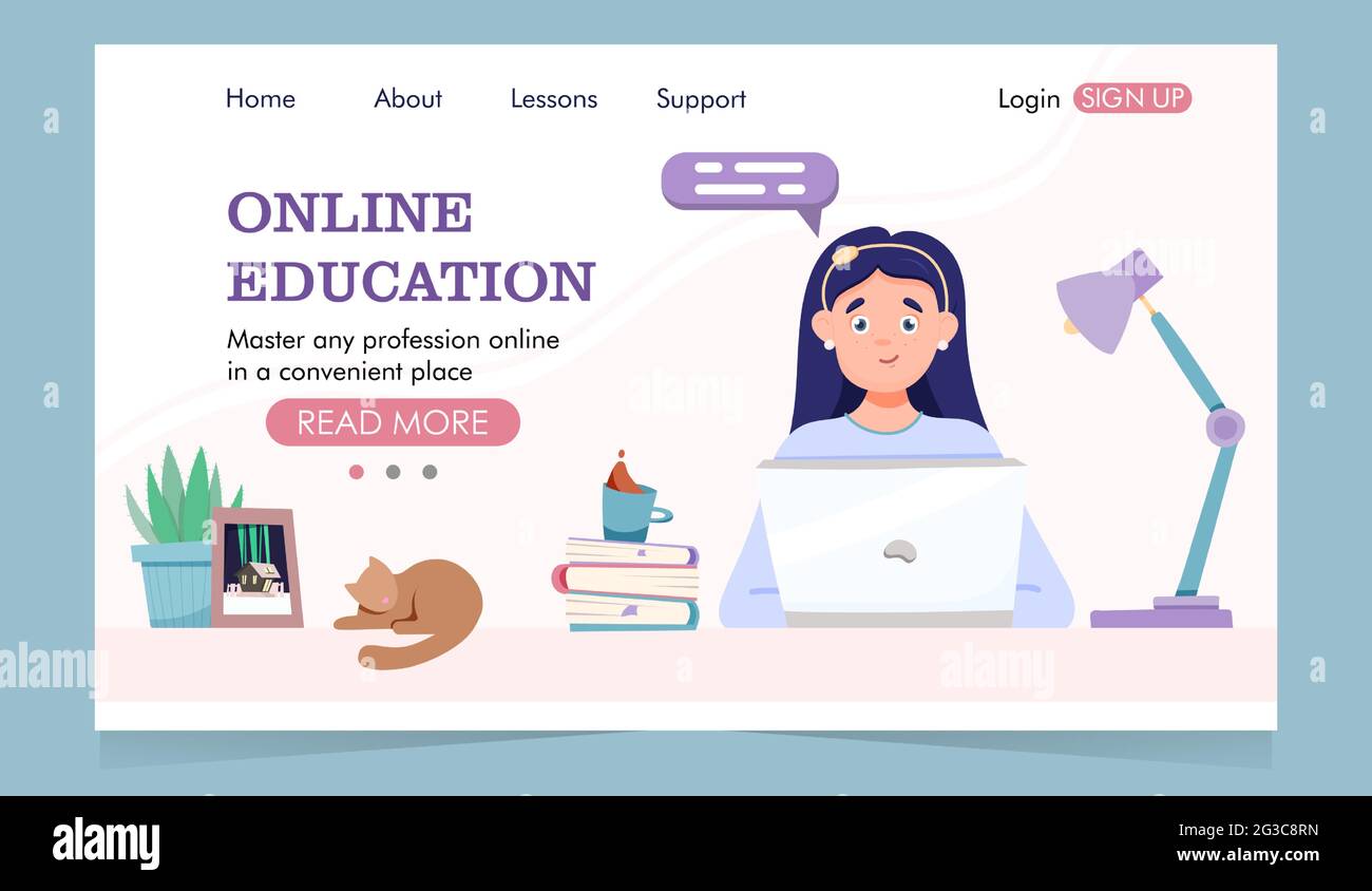 Online-Bildung Landing Page. Mädchen sitzt auf einem Laptop und Bücher. Stock Vektor