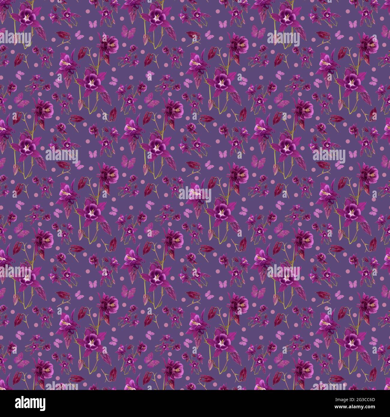 Blumenhintergrund von hellen Frühlingsblumen mit Schmetterlingen auf lila Hintergrund für Mode, Druck, Textil, Stoff und Karte Hintergrund Stockfoto