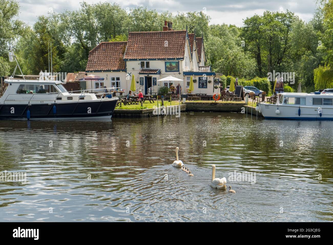 The Ferry House, Surlingham, Norfolk, Großbritannien. Ein Pub am Fluss Yare an den Norfolk Broads. Stockfoto