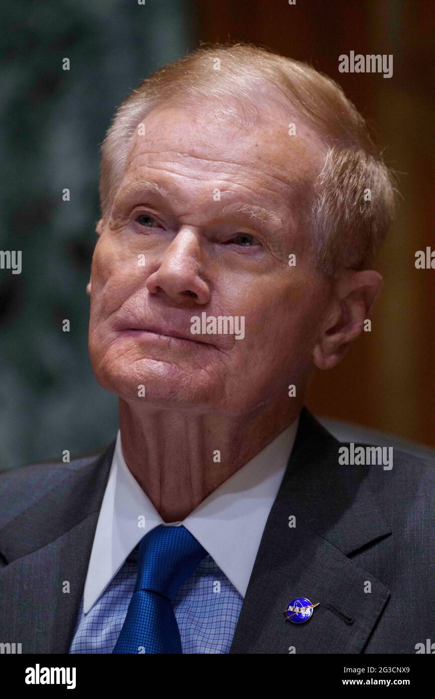 Washington, USA. Juni 2021. Der NASA-Administrator Bill Nelson bezeugte vor dem Unterausschuss für die Mittelzuweisung des US-Senats für Handel, Justiz, Wissenschaft und verwandte Agenturen bezüglich des Budgetantrags der NASA für das Geschäftsjahr 2022 in Washington, DC, USA, am 15. Juni 2021. Kredit: Ting Shen/Xinhua/Alamy Live Nachrichten Stockfoto