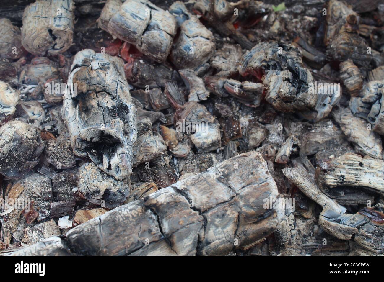 Hintergrund und Asche dunkelgrau Schwarz mit rot gefärbten Streifen Nahaufnahme. Die Folgen des Feuers. Asche. Lagerfeuer. Stockfoto