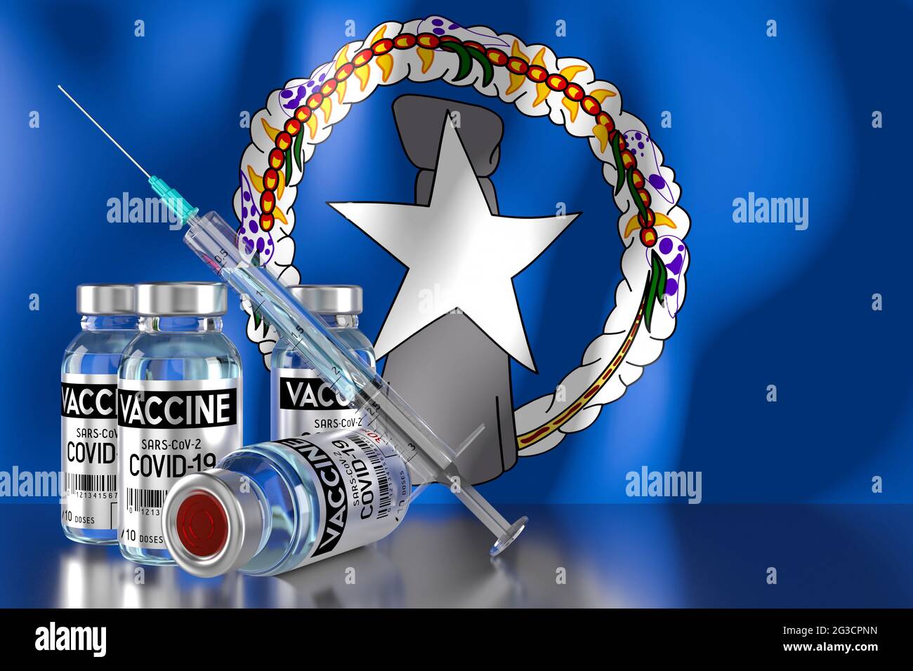Covid-19, SARS-CoV-2, Coronavirus-Impfprogramm auf den nördlichen Marianen, vier Fläschchen und Spritze - 3D-Abbildung Stockfoto