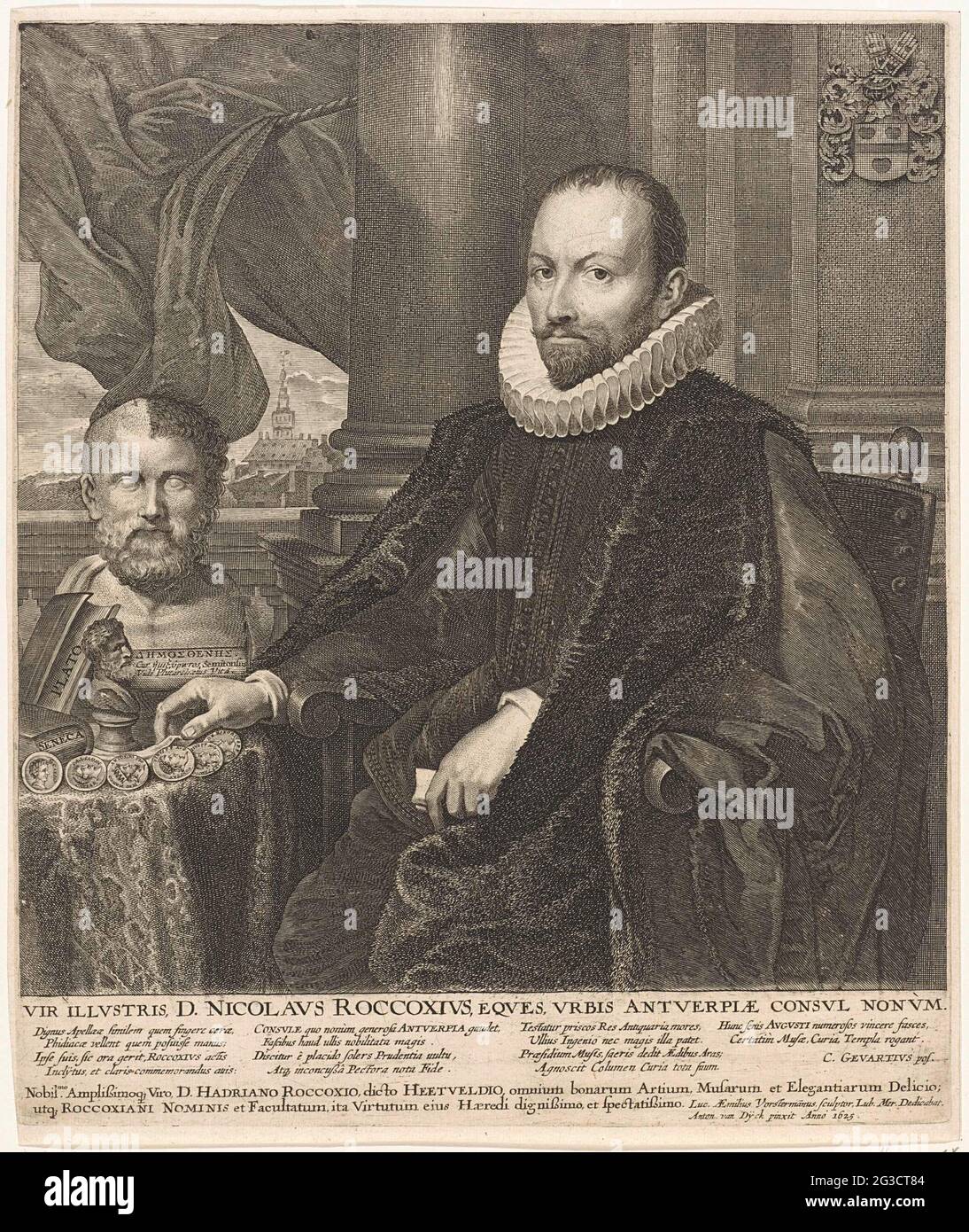 Porträt von Nikolaas Rockox. Porträt von Nikolaas Rockox, Bürgermeister von Antwerpen und Kunstliebhaber. Er ist in einem Innenraum mit Büchern für ihn auf dem Tisch und Kunstobjekten, darunter eine Büste des griechischen Redners und Politikers Demosthenes. Stockfoto