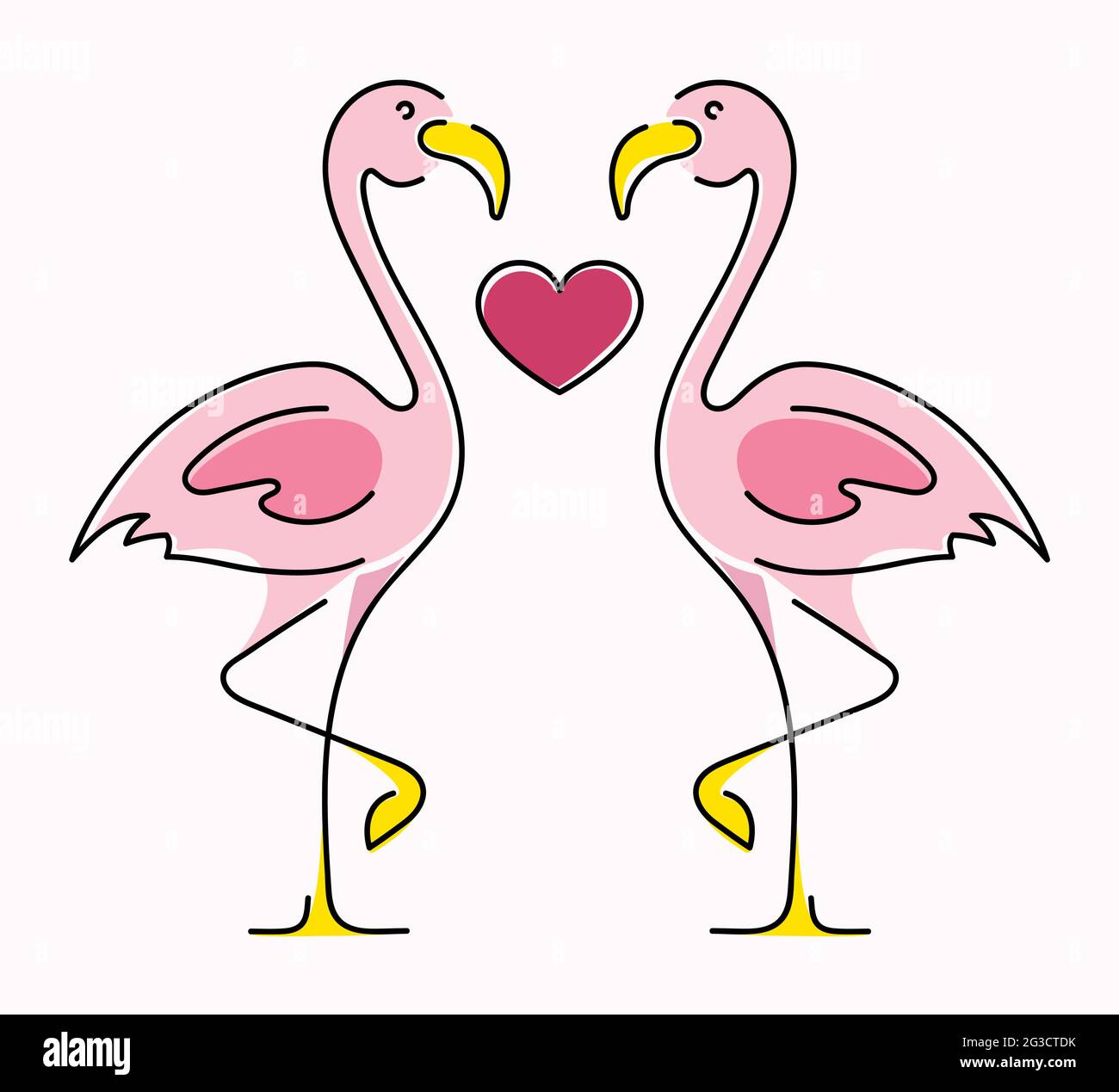 Minimalistische Linienkunst ein Paar Flamingos in Liebe und Herz Stock Vektor