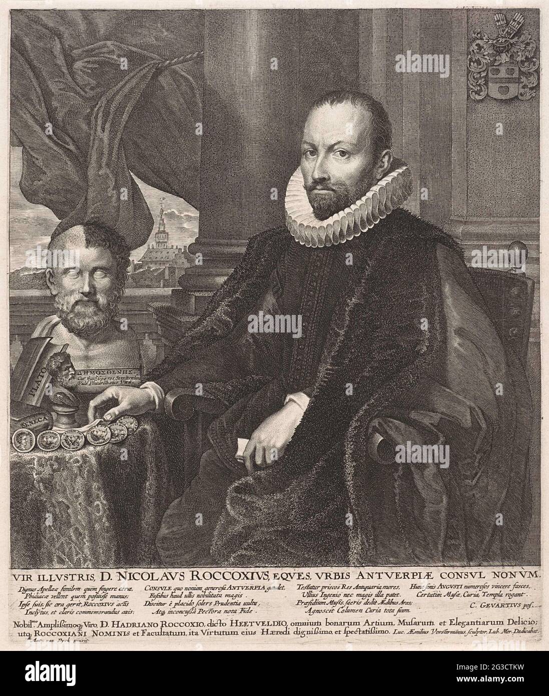 Porträt von Nikolaas Rockox. Porträt von Nikolaas Rockox, Bürgermeister von Antwerpen und Kunstliebhaber. Er ist in einem Innenraum mit Büchern für ihn auf dem Tisch und Kunstobjekten, darunter eine Büste des griechischen Redners und Politikers Demosthenes. Stockfoto