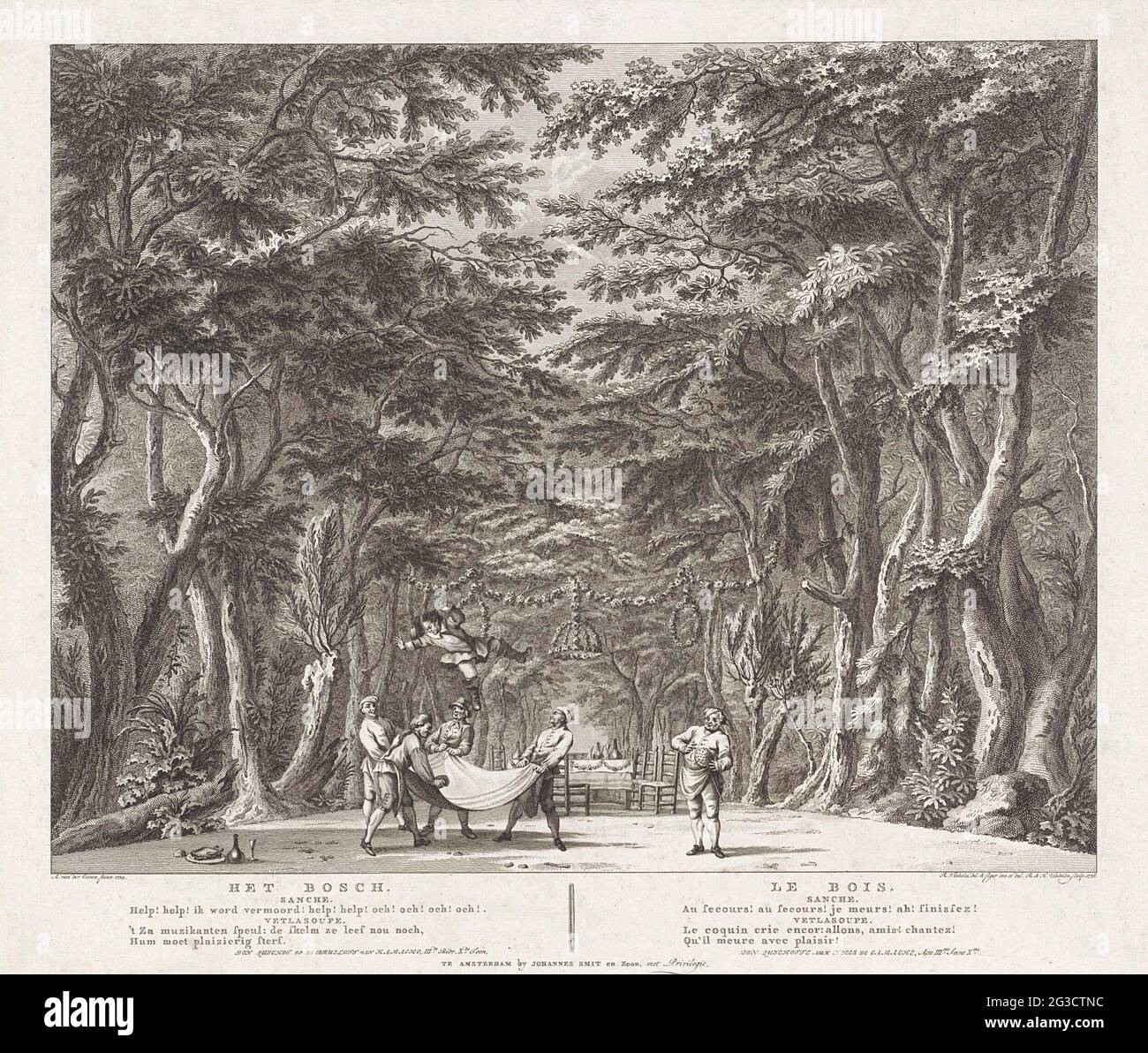 Bühnenbild: Der Wald; der Bosch / Le Bois; Theaterdekor des neuen Amsterdamer Theaters, 1775-1777. Die Coulis Dekor Het Bosch, mit einer Szene aus: Don Quixote. Teil einer Reihe von sechs Bühnendepots von Theaterstücken, die im neuen Amsterdamer Theater aus den Jahren 1775 bis 1777 entstanden sind. Stockfoto