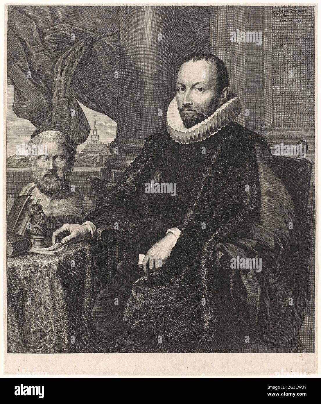 Porträt von Nikolaas Rockox. Porträt von Nikolaas Rockox, Bürgermeister von Antwerpen und Kunstliebhaber. Er ist in einem Innenraum mit Büchern für ihn auf dem Tisch und Kunstobjekten, darunter eine Büste des griechischen Redners und Politikers Demosthenes. Stockfoto