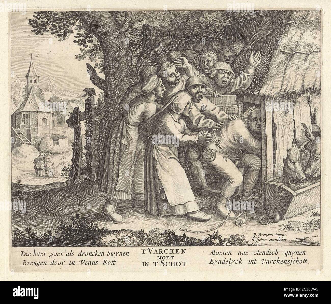Das Schwein muss in seinem Zimmer sein; 't Varcken muss in der Schussaufnahme sein. Als Strafe für seine Trunkenheit wird ein Betrunkener (mit einem Seil am Knöchel) von einer Gruppe von Männern und Frauen in einem Schweinestall gedrückt. In der Mitte ein Baum und ein Holzzaun und im Hintergrund eine Kirche, für die zwei Figuren, ein paar Häuser und eine Mühle. Stockfoto