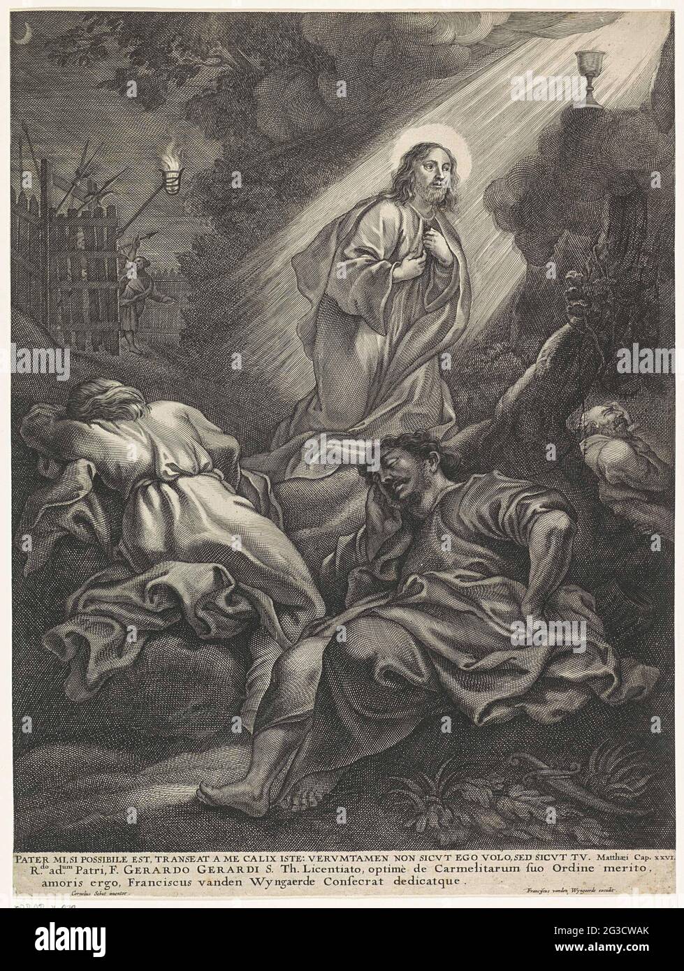 Christus in Hof van Getsemane. Christus betet vor dem Gericht von Getemane. Ein Engel erscheint vom Himmel mit einem Kelch. Peter, John und James schlafen im Vordergrund. Im Hintergrund führt Judas eine Gruppe von Soldaten durch das innere Tor. Ein Bibelzitat aus matt am Rand. 26 und eine zweibeinige Bildunterschrift mit einem lateinischen Befehl. Stockfoto