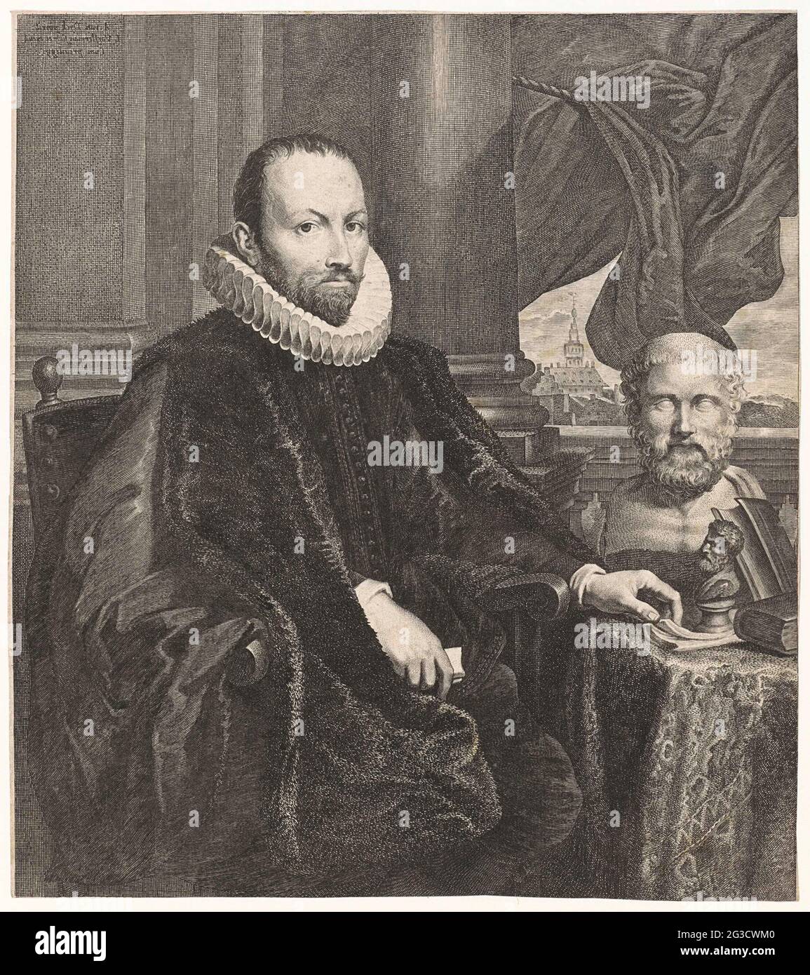Porträt von Nikolaas Rockox. Porträt von Nikolaas Rockox, Bürgermeister von Antwerpen und Kunstliebhaber. Er ist in einem Innenraum mit Büchern für ihn auf dem Tisch und Kunstobjekten, darunter eine Büste des griechischen Redners und Politikers Demosthenes. Stockfoto