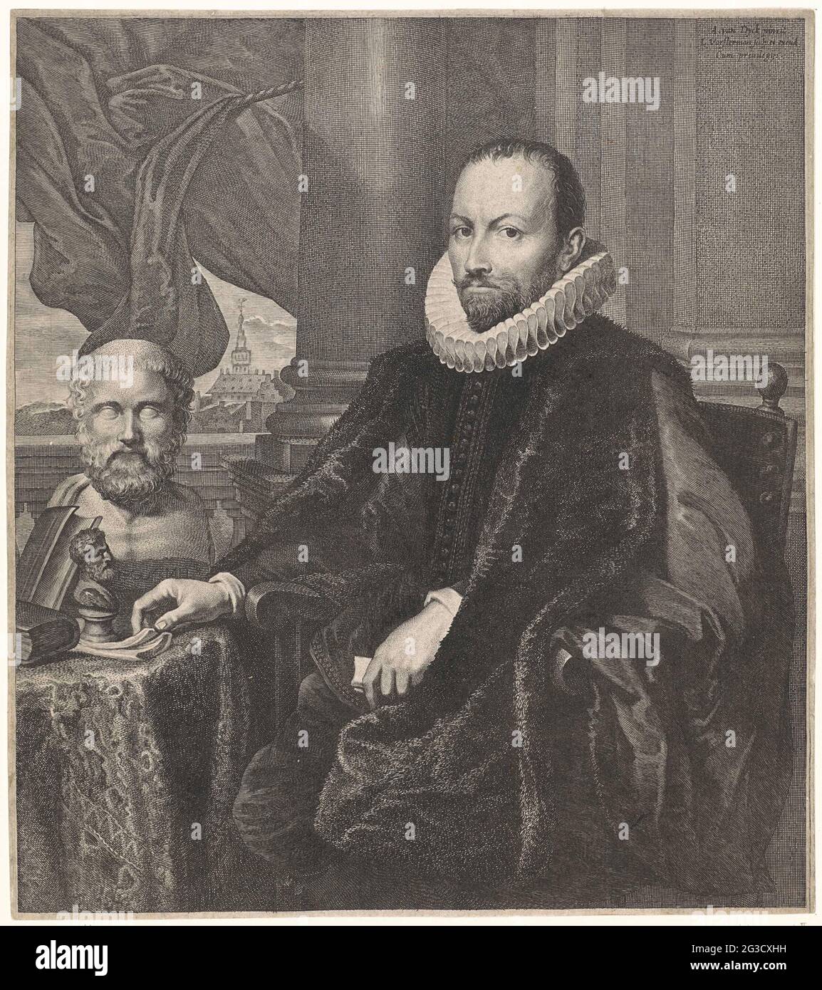 Porträt von Nikolaas Rockox. Porträt von Nikolaas Rockox, Bürgermeister von Antwerpen und Kunstliebhaber. Er ist in einem Innenraum mit Büchern für ihn auf dem Tisch und Kunstobjekten, darunter eine Büste des griechischen Redners und Politikers Demosthenes. Stockfoto