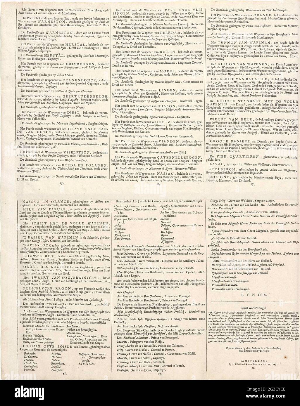 Die Trauerprozession von Frederik Hendrik (Textblätter 15-20), 1647; die Trauerprozession von Stadholder Frederik Hendrik in 's-Gravenhage 1647; Syne Hoogheyt Frederick Henrick, von der Graatien Gottes Prinz von Oranien, Grab von Nassau & c. Blatt bestehend aus zweigeklebten Blättern mit den sechs nummerierten Textblättern 15-20, die zum Vorbericht der Grabeprozession von Stadholder Frederik Hendrik in 's-Gravenhage am 10. Mai 1647 gehören. Teil einer Serie von 30 Platten und 20 Textblättern, die aneinander haften sollen. Stockfoto