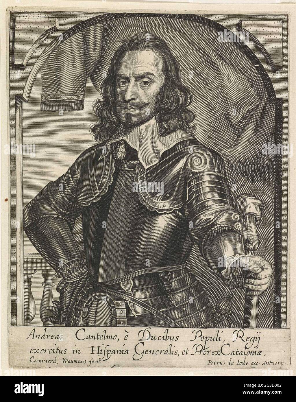 Porträt der Niederlande Don Andrea Cantelmo; Theatrum Pontificum, Imperatorum, Regum, Ducum (...). Porträt des Don Andrea Cantelmo, in Harness. Am Rand eine zweibeinige lateinische Bildunterschrift. Stockfoto