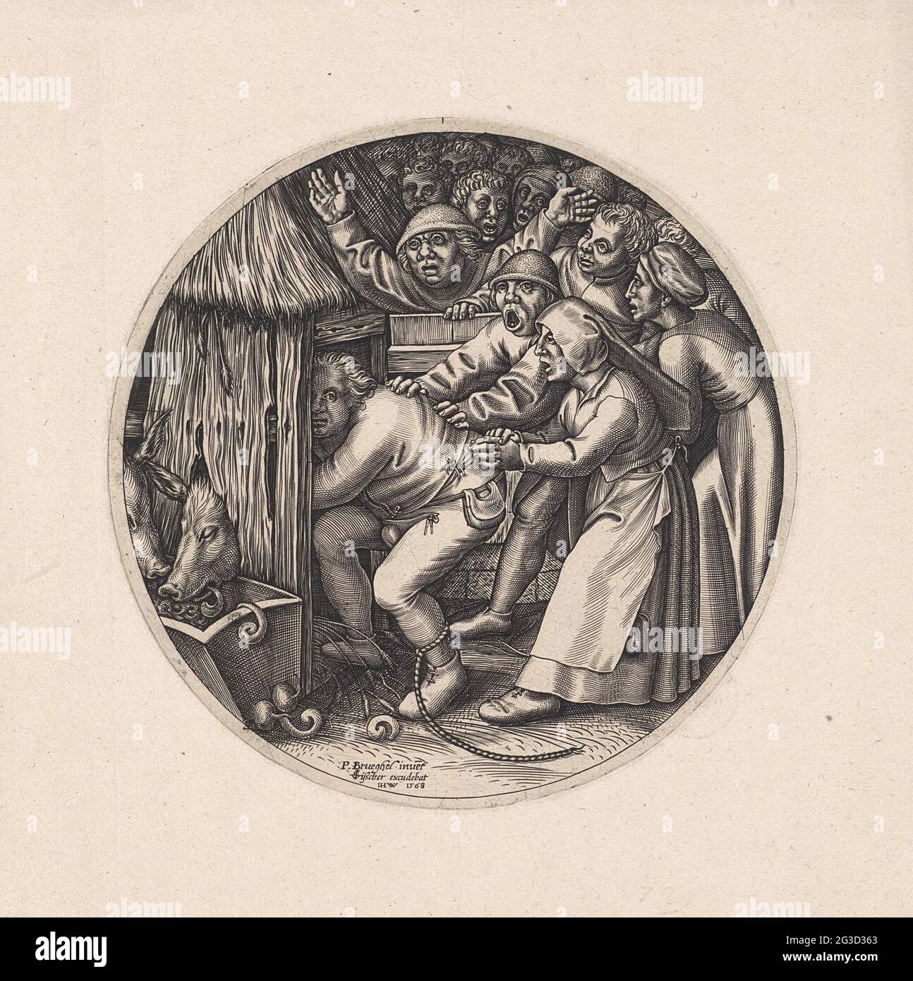 Das Schwein muss in seinem Zimmer sein. Als Strafe für seine Trunkenheit wird ein Bauer (mit einem Seil am Knöchel) von einer Gruppe von Männern und Frauen in einem Schweinestall gedrückt. Stockfoto