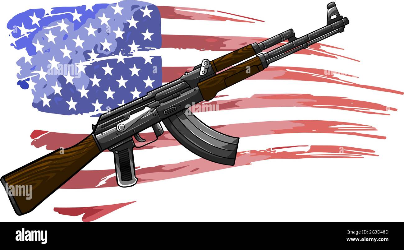 Illustration der US-Flagge mit einem AK 47 Gewehr Stock Vektor