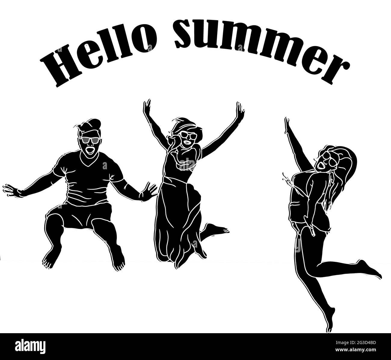 Illustration von Menschen, die mit einem „Hello Summer“-Schreiben glücklich springen Stockfoto