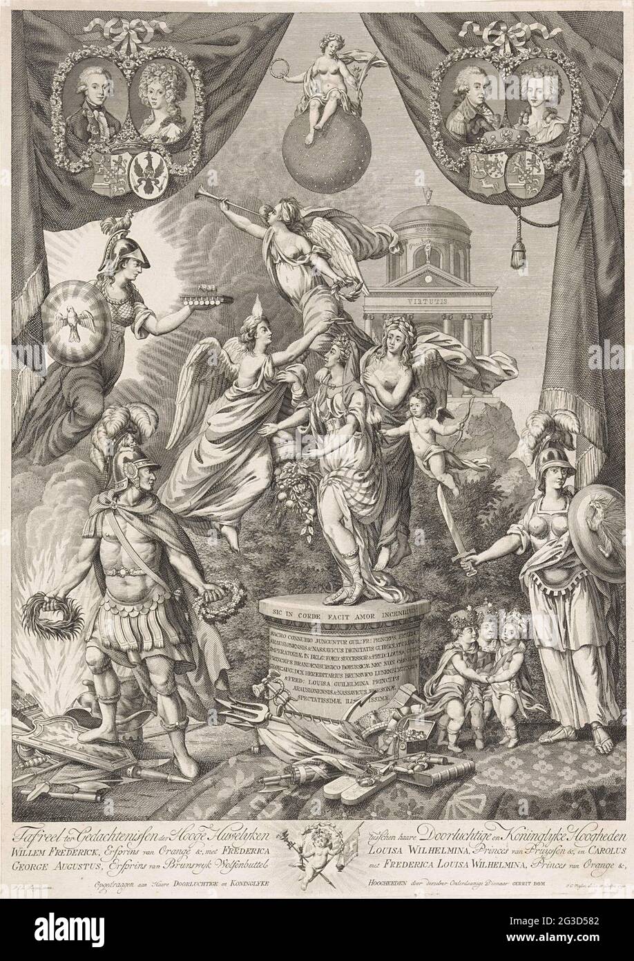 Sineprent rund um die Ehen des Sohnes und der Tochter von Willem V., 1790-1791; TAFREEL zwischen (...) Willem Frederick, Orange &, mit Frederica Louisa Wilhelmina, Pruyssen &, Carolus George August, Brunswyk Wolfsbuttel mit Frederica Louisa Wilhelmina, Prinzen von Orange (.. .). Allegorische Aufführung zu Ehren der Hochzeit von Prinzessin Louise von Oranje-Nassau mit Karel van Brunswijk-Wolfenbüttel am 14. Oktober 1790 in Den Haag und von Prinz Willem Frederik (dem späteren König Wilhelm I.) mit Wilhelmina Frederica van Preussen am 1. Oktober 1791. Obere die beiden Brautpaare. Heirat auf einem pede Stockfoto