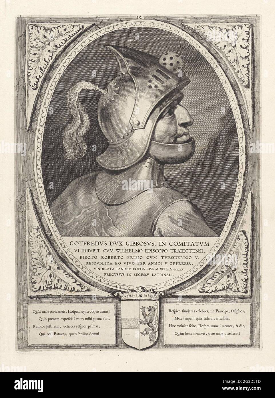 Porträt von Godfried III mit dem Beulen; Godfredvs DVX Gibbosphs, in ComitatVM. Godfried III. Mit der Beule, Herzog von Niederlothringen. Er trägt einen Helm und wird im Profil angezeigt. Der Rahmen ist mit der Waffe Hollands verziert. Stockfoto