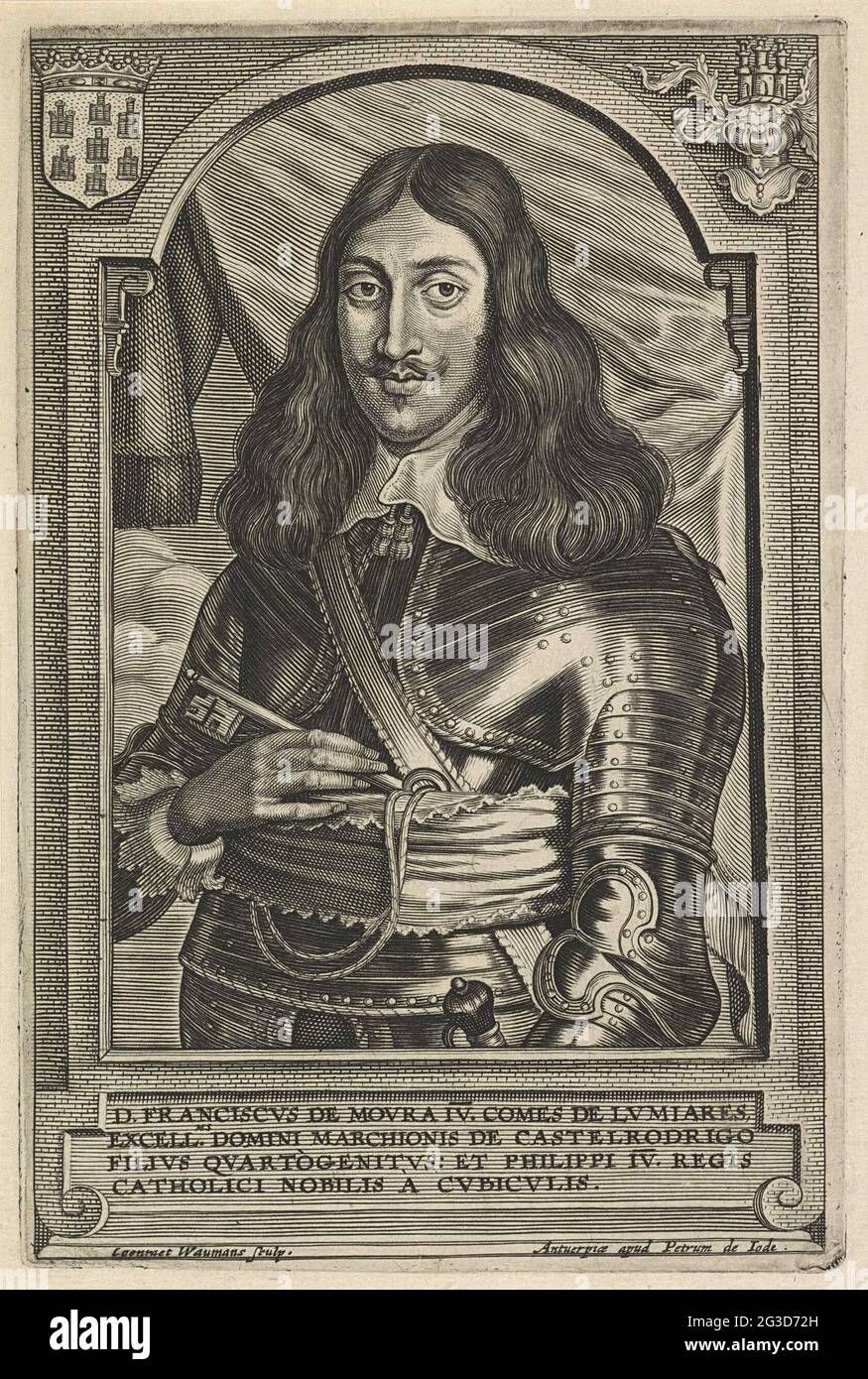 Porträt von Francisco de Moura, Marquis von Castel Rodrigo; Theatrum Pontificum, Imperatorum, Regum, Ducum (...). Porträt von Francisco de Moura, Marquis von Castel Rodrigo, in Rüstung. In den oberen Ecken befinden sich Wappen. Im Kontext unter seinem Porträt eine dreibeinige lateinische Bildunterschrift. Stockfoto