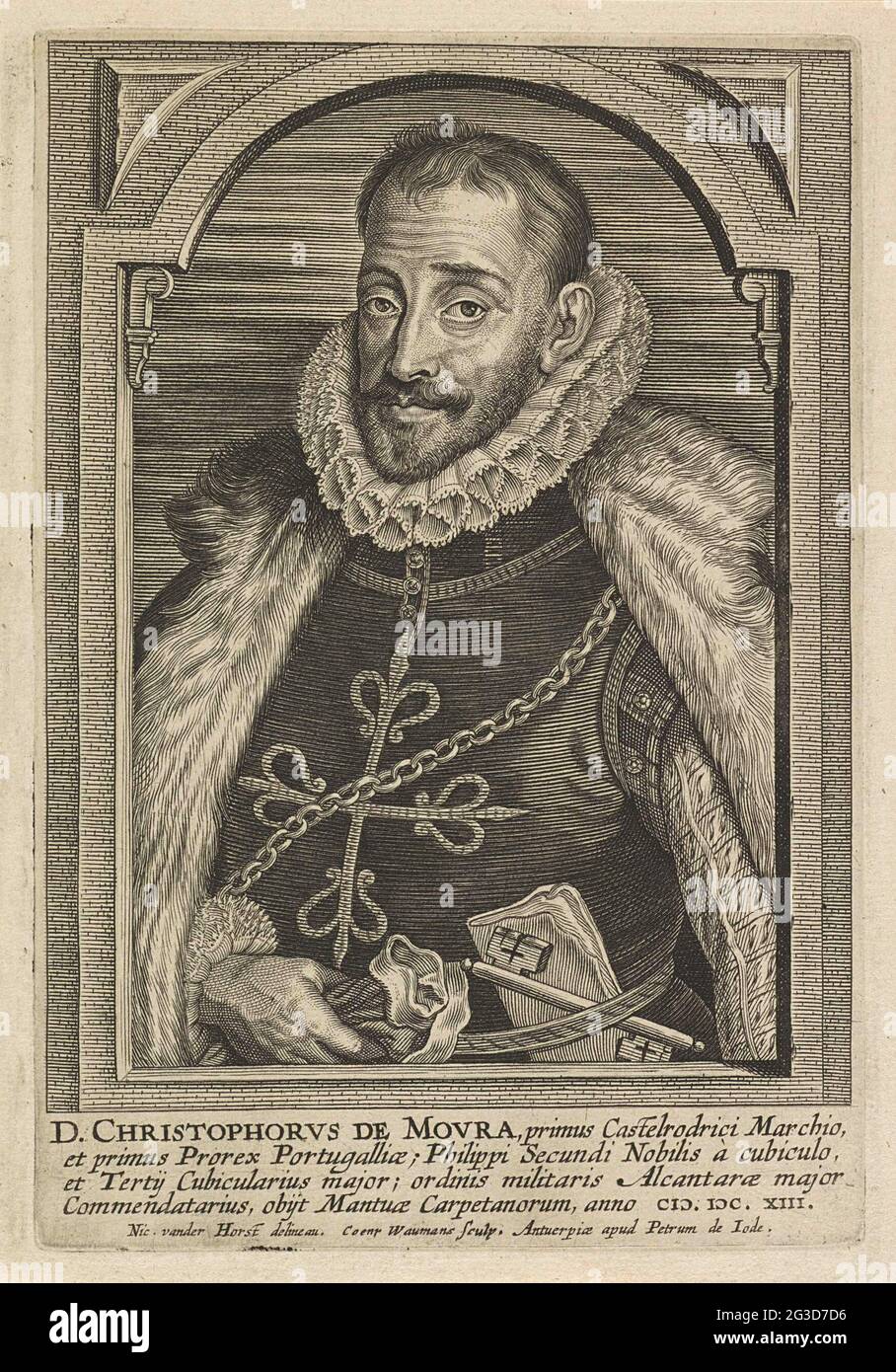 Porträt von Christopher de Moura, Marquis von Castel Rodrigo; Theatrum Pontificum, Imperatorum, Regum, Ducum (...). Porträt von Christopher de Moura, Marquis von Castel Rodrigo. Eine vierzeilige lateinische Beschriftung am Rand. Stockfoto