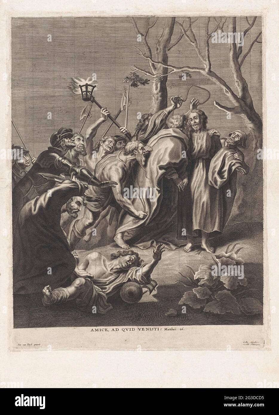Gefangenschaft Jesu. Judas verrät Christus, indem er ihn küsst. Hinter ihm wachsen Soldaten mit Waffen und einer Fackel, um Christus zu fangen. Vorne links ist Simon Petrus dabei, Malchus mit einem Schwert anzugreifen. Am Rand eine einzelne lateinische Beschriftung aus matt. 26. Stockfoto Gefangenschaft Jesu. Judas verrät Christus, indem er ihn küsst. Hinter ihm wachsen Soldaten mit Waffen und einer Fackel, um Christus zu fangen. Vorne links ist Simon Petrus dabei, Malchus mit einem Schwert anzugreifen. Am Rand eine einzelne lateinische Beschriftung aus matt. 26. Stockfoto