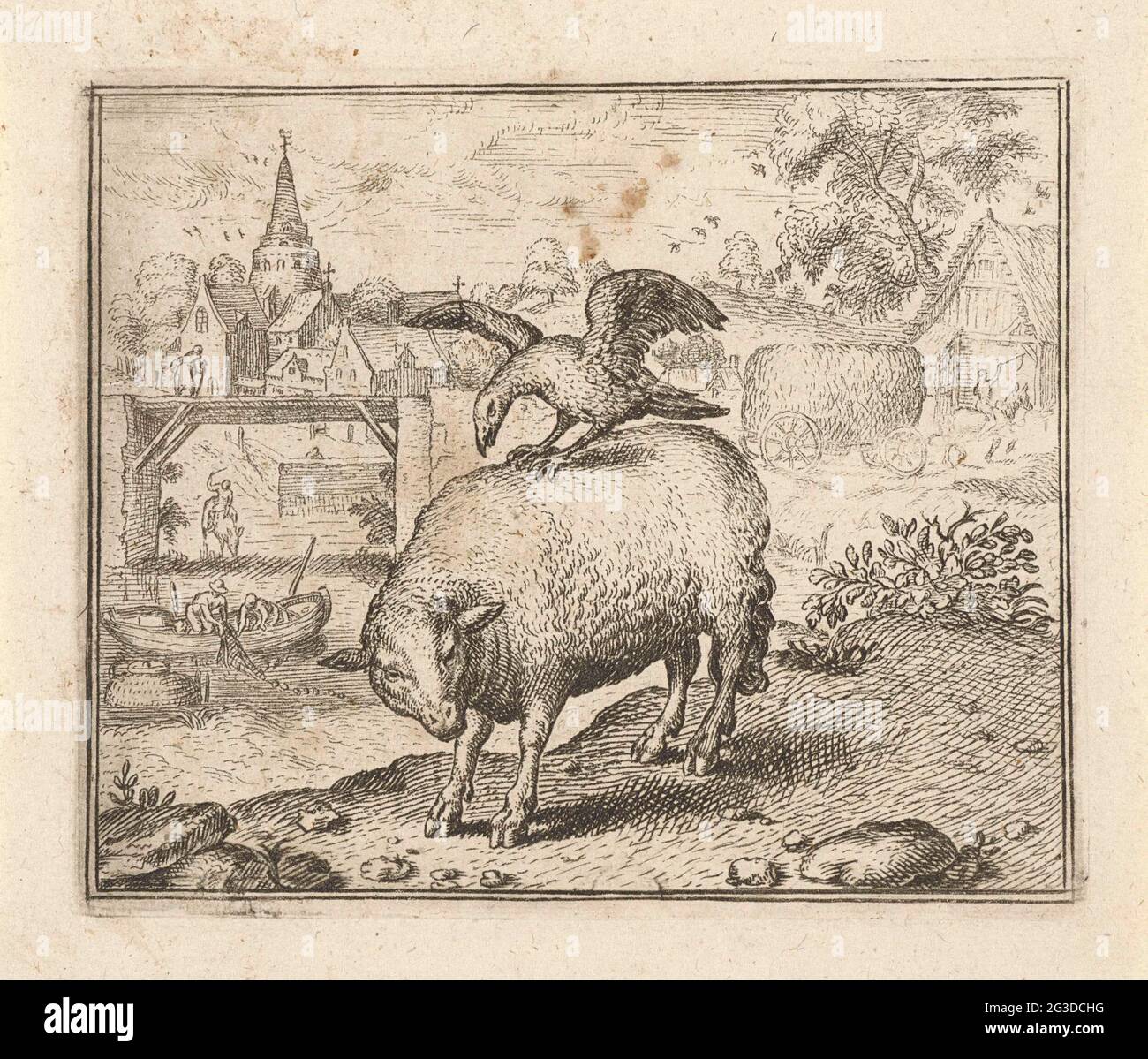 Fabul von den Schafen und der Krähe. Eine Krähe befindet sich auf dem Rücken eines Schafes und hebt mit ihrem Schnabel in die Schafe. Die Fabel beschreibt, wie die hungrige Krähe dem Blut der Schafe zugeschrieben wird. Die Pieptöne der Schafe helfen nicht. Die Moral der Geschichte zeigt, dass man nicht mit Tyrannen verhandeln sollte. Stockfoto