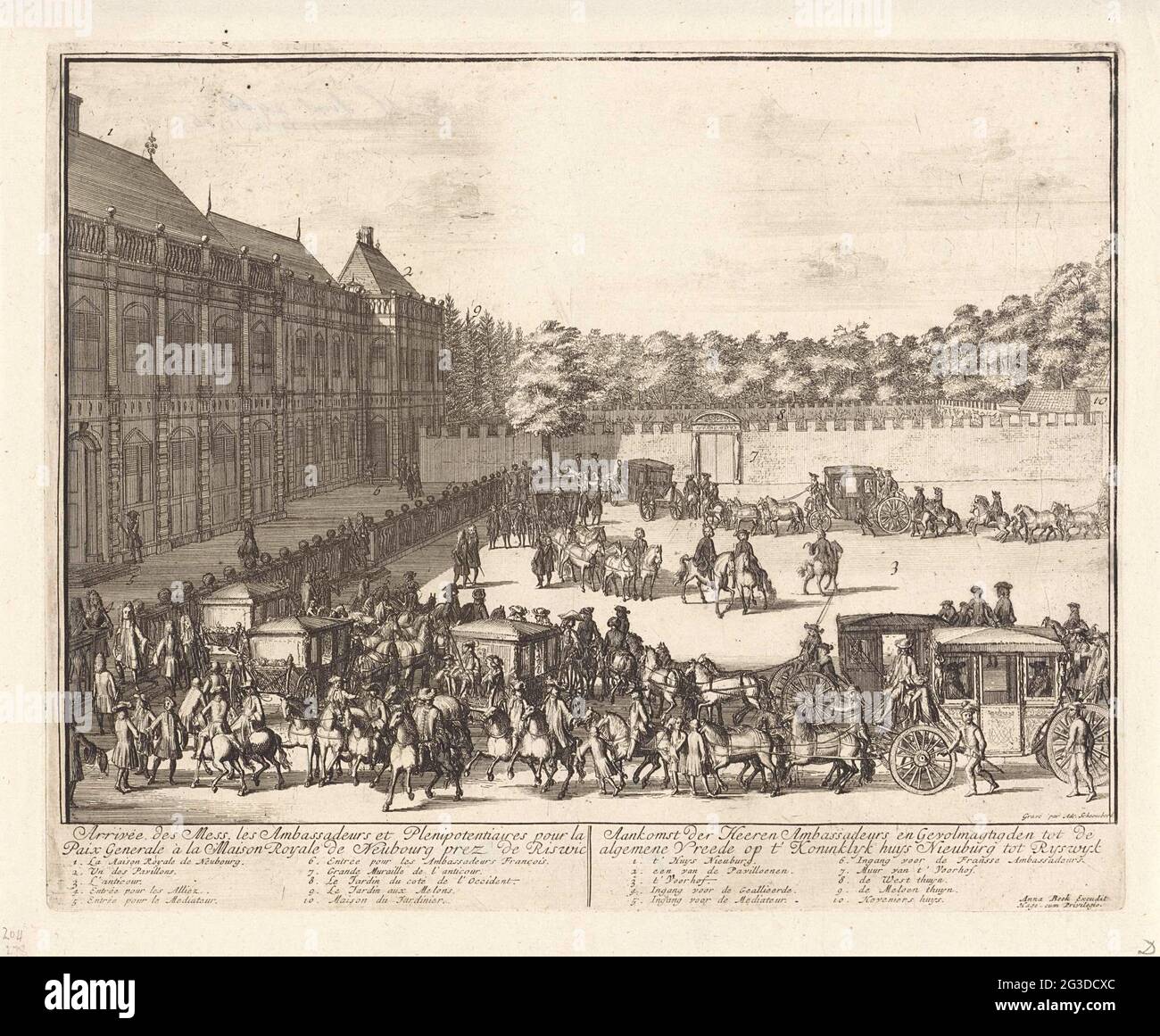 Ankunft der Botschafter im Königlichen Palast in Rijswijk, 1697. Ankunft der Kutschen mit den Botschaftern im Haus Ter Nieuburch in Rijswijk für die Friedensverhandlungen, 20. Mai 1697. In der Überschrift der Titel und Legenden 1-10 auf Französisch und Niederländisch. Ein Teil der Serie von fünfzehn Drucken über das Haus in Nieubch in Rijswijk und die dort im Rahmen des Friedens von Rijswijk abgehaltenen Friedensverhandlungen wurde am 20. September 1697 geschlossen. Stockfoto