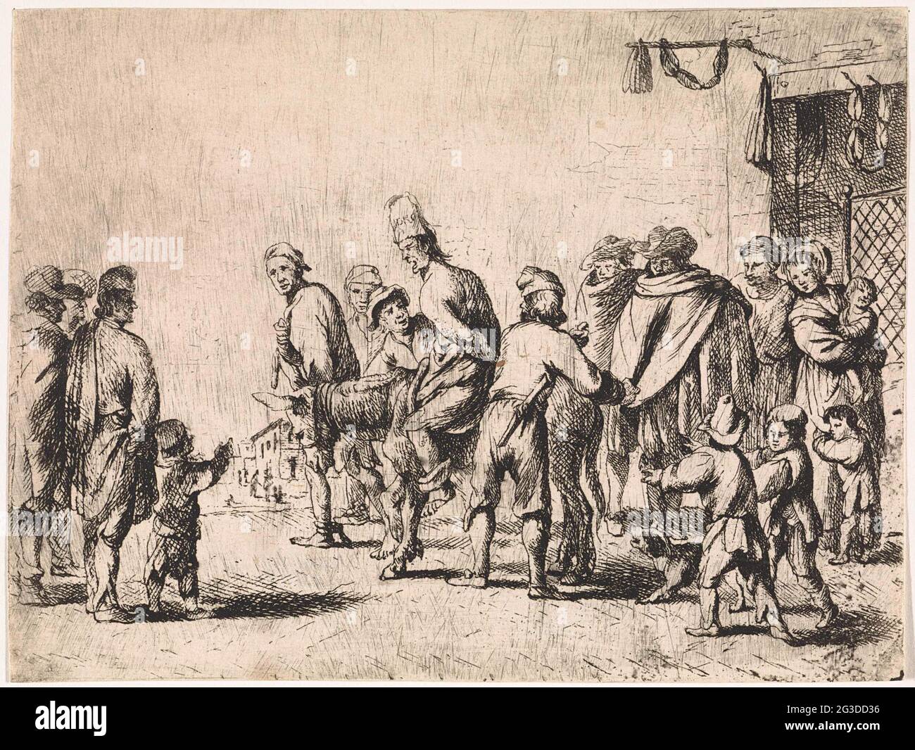 Mann auf Esel gebunden; Genreszenen. Eine Menschenmenge im Dorf beobachtet, wie ein Mann auf einen Esel gefesselt wird. Ein anderer Mann ist dabei, den Esel mit einer Rute zu schlagen. Direkt an der Fassade befinden sich Würste. Stockfoto