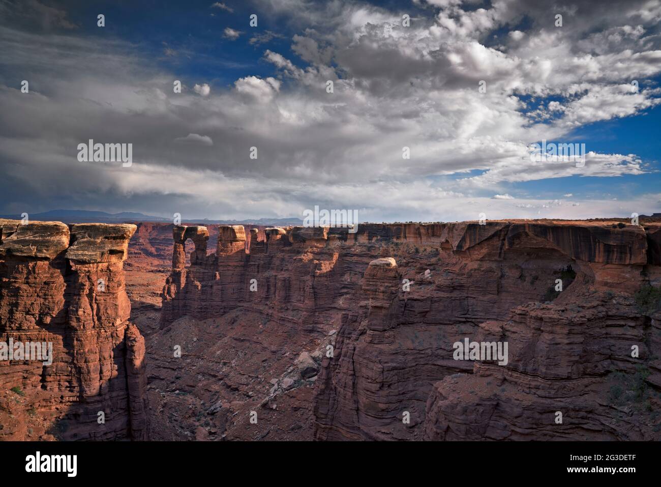 Zwischen den hoch aufragenden Sandsteintürmen im Monument Basin entlang der abgelegenen White Rim Road in Utahs Canyonlands Nationa interagieren Abendlicht und Schatten Stockfoto